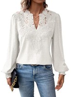 Damen Tunika Bluse Langarm V-Ausschnitt HäKelspitze Elegant Freizeit Weiß M