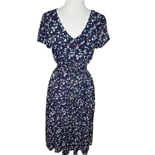 ModCloth A Line Midi Dress Womens Medium Blue Floral Smocked Waist Feminine Boho