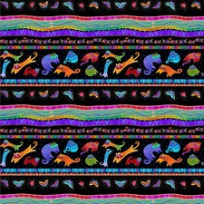1/2 Yard Fabric - Fantasticats Pictorial Stripe Black Metallic by Laurel Burch