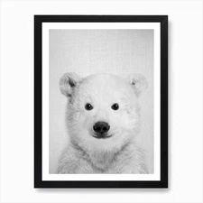 Baby Polar Bear - Black & White Art Framed Wall Art Poster Canvas Print Picture