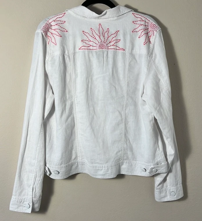 C&C California Embroidered Pink Flowers White Linen Blend Jacket Size Large - Image 2 of 4