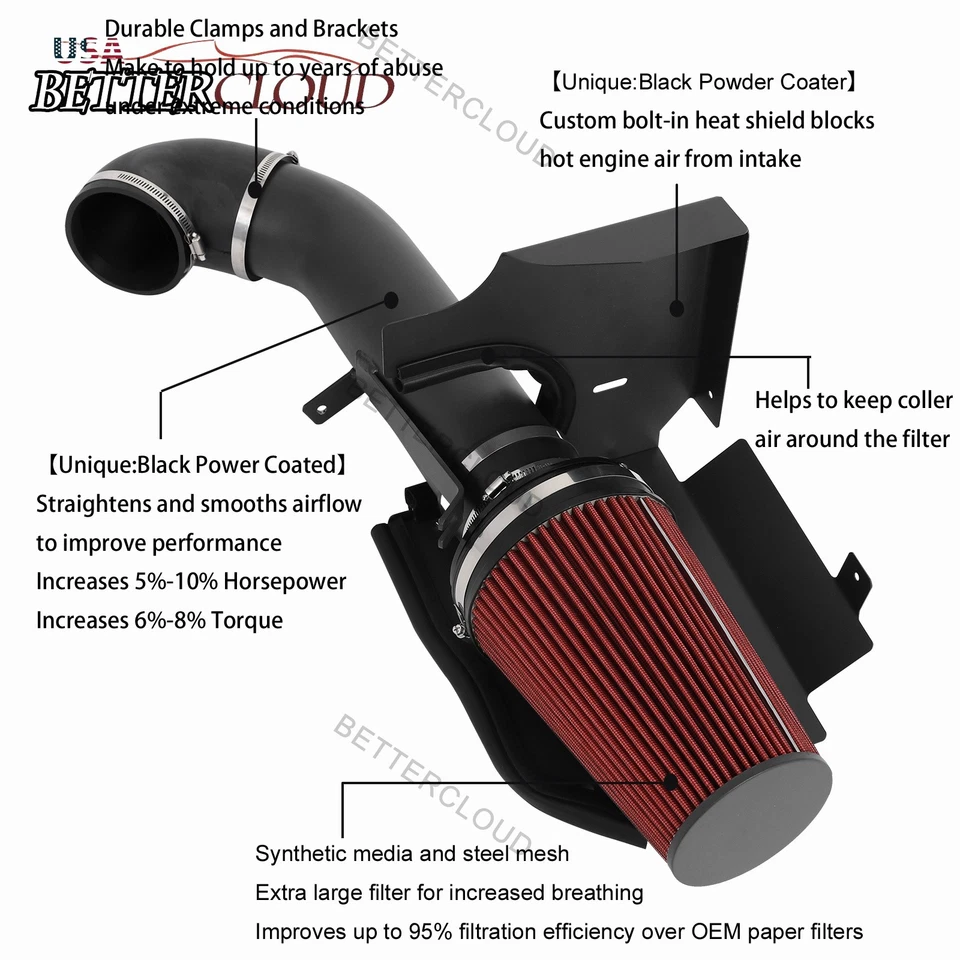 Kit de entrada de ar frio preto 4" + protetor térmico para 99-06 GMC/Chevy V8 4.8L/5.3L/6.0L - Imagem 2 de 4