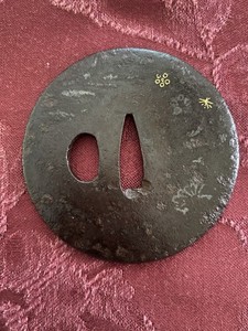 Authentic Antique Japanese Iron Gold Inlay Large Tsuba 7.6 x 7.6 cm Katana