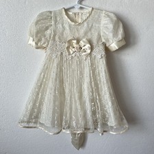 Vtg Lace Baby Gown Dress Christening Baptism Wedding Bow 3-6m Off White