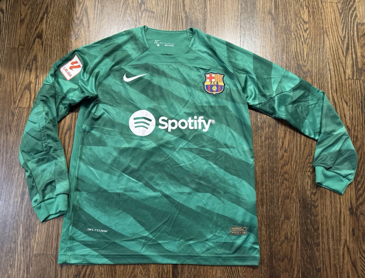 Mens Sz Large Green Nike FC Barcelona Goalkeeper Soccer Jersey Ter