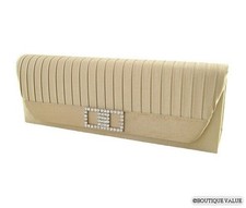 Beige Satin Pleats Shoulder Clutch Envelope Rhinestones Evening Purse NEW