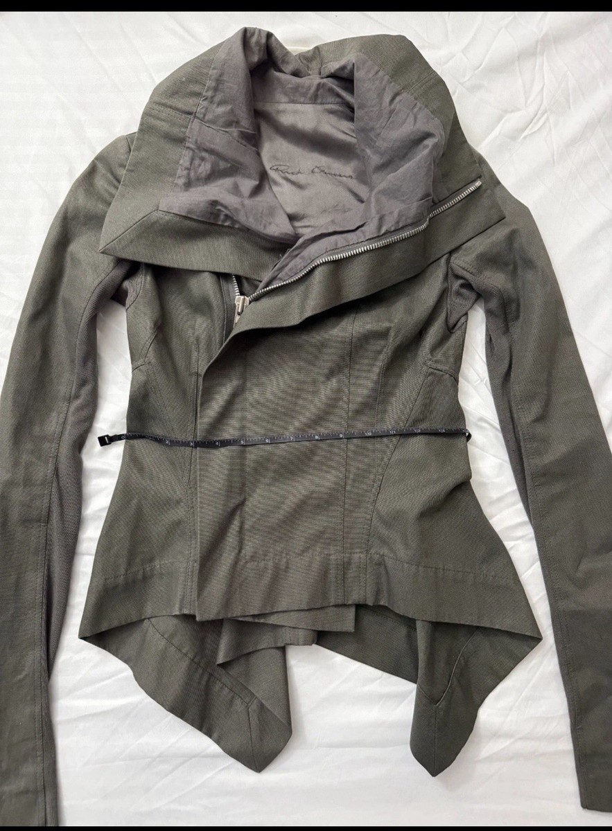 トップス RICK OWENS gray jacket Rick Owens Gray Asymmetrical Zip Draped Collar Slim Mid-Length