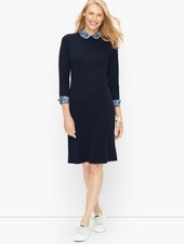 Talbots 100% cotton navy floral accent removable collar shift dress, large.