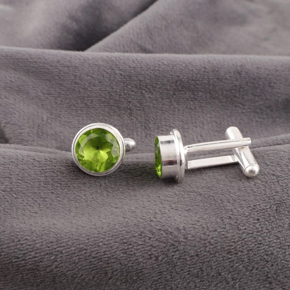 Green Peridot Gemstone 925 Sterling Silver Handcrafted Jewelry Cufflinks 0.50" - Image 2 of 4