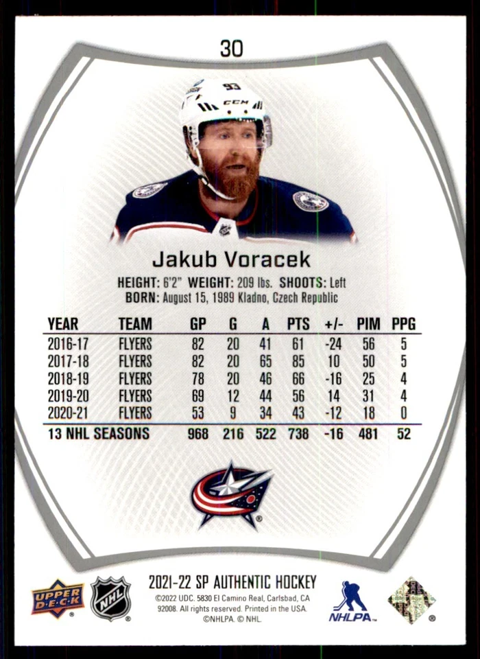 2021-22 SP Authentic Jakub Voracek #30 - Image 2 of 2