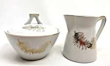 Lefton China Gold Feather #635 Hand Painted Cream & Sugar Set Vintage 1950s