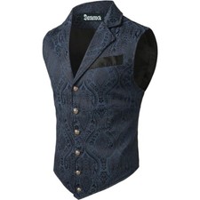 Men's Victorian Blue Brocade Waistcoat Vest Jacquard Tuxedo Suit Vest/USA