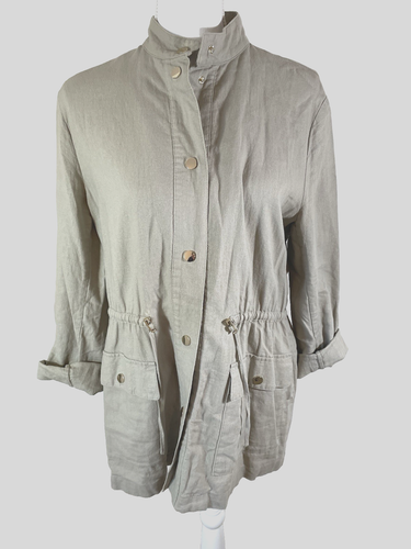 Zara Brown Snap Front Jacket Drawstring Waist Linen Blend Pockets Size S
