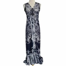 CATO XS black/white boho print v-neck sleeveless ruffle hem maxi dress