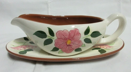 VTG MCM Stangl Gravy Boat w Under-Plate Wild Rose Pattern 1950'SEUC
