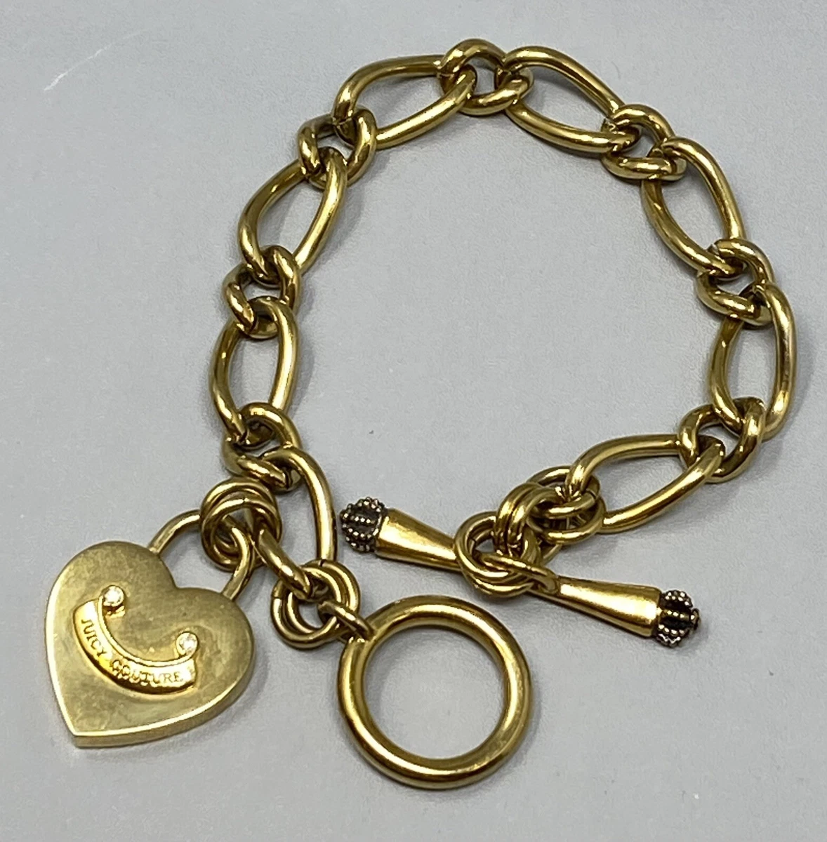 Juicy Couture Bracelet Flat Heart Charm Gold Tone Toggle Classic Chain  Chunky 7