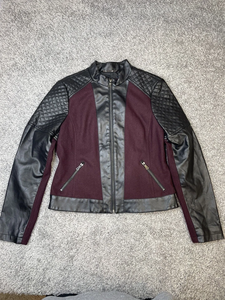 a.n.a. Chaqueta Moto M Mujer Borgoña Lana Reciclada Negra Imitación Cuero Foto 3 de 4