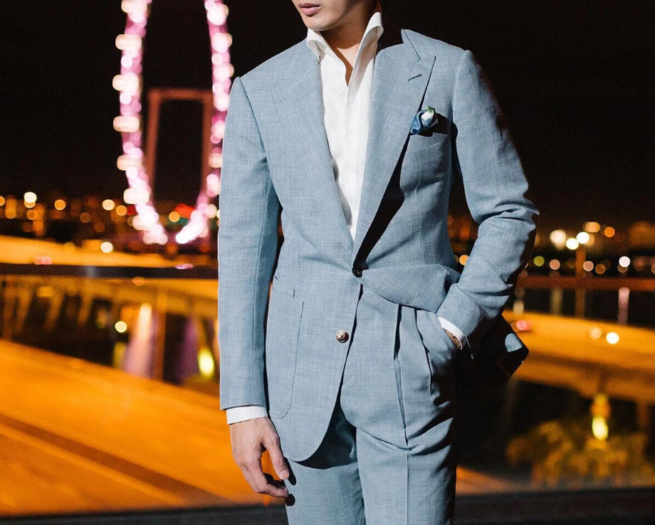 Casual Men s Suit British Style Blue Autumn Coat Slim Jacket Pants