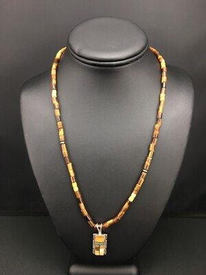 Native Tiger's Eye Inlay Pendant Navajo Sterling Silver 21'' Necklace 4895