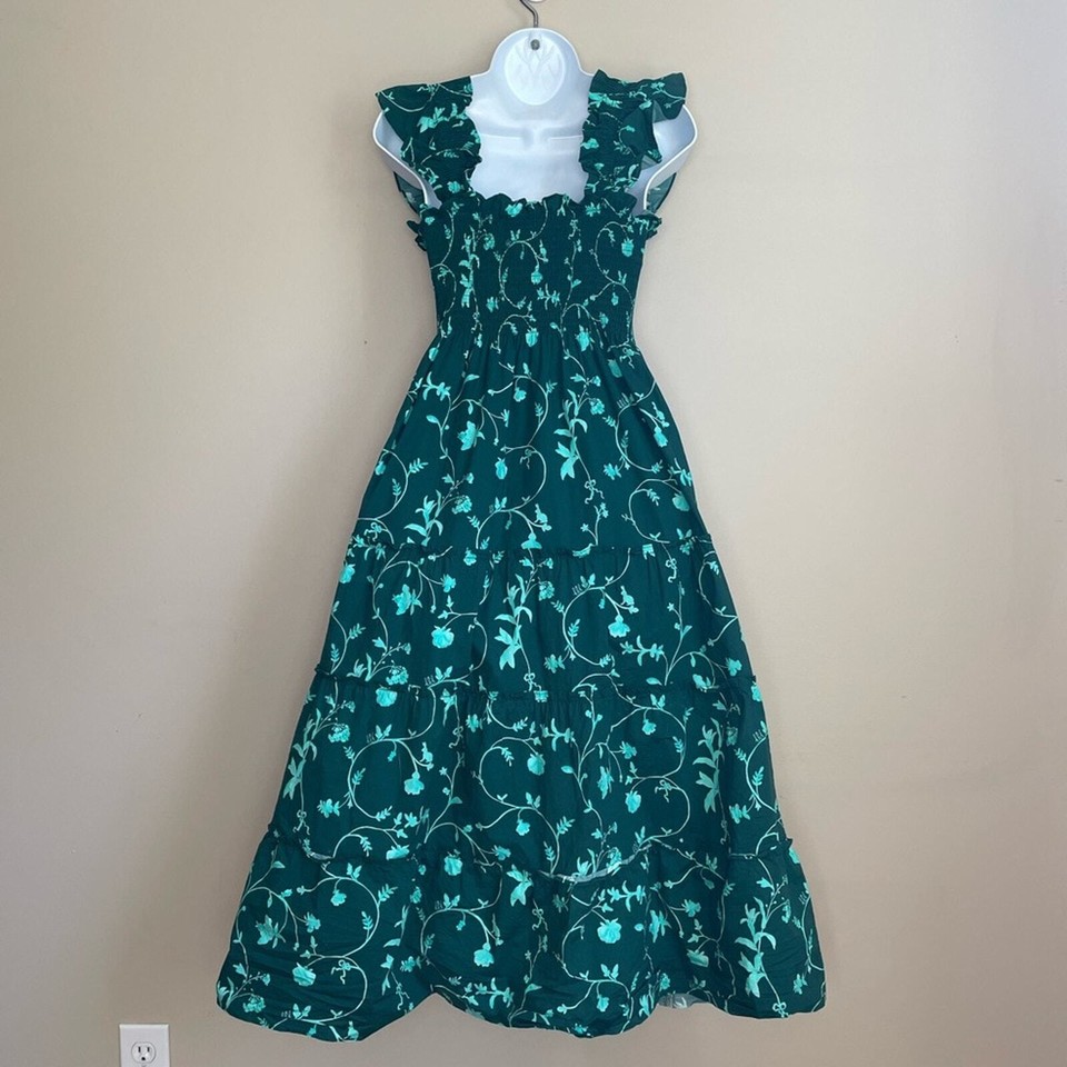 HILL HOUSE Ellie Cotton Nap Dress Green Botanical Floral Cottagecore