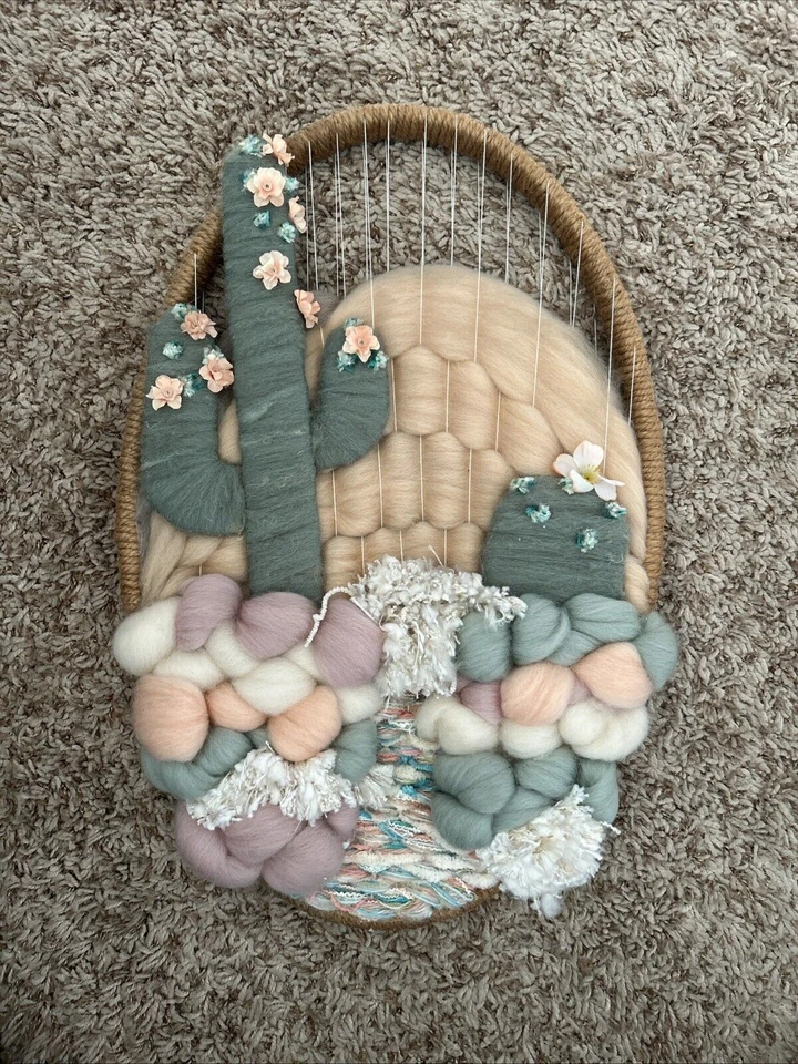 Винтажный богемный кактус настенный висячий шерстяные розы обнаженные горы 70-е ручная работа уникальный - Изображение 2 из 4