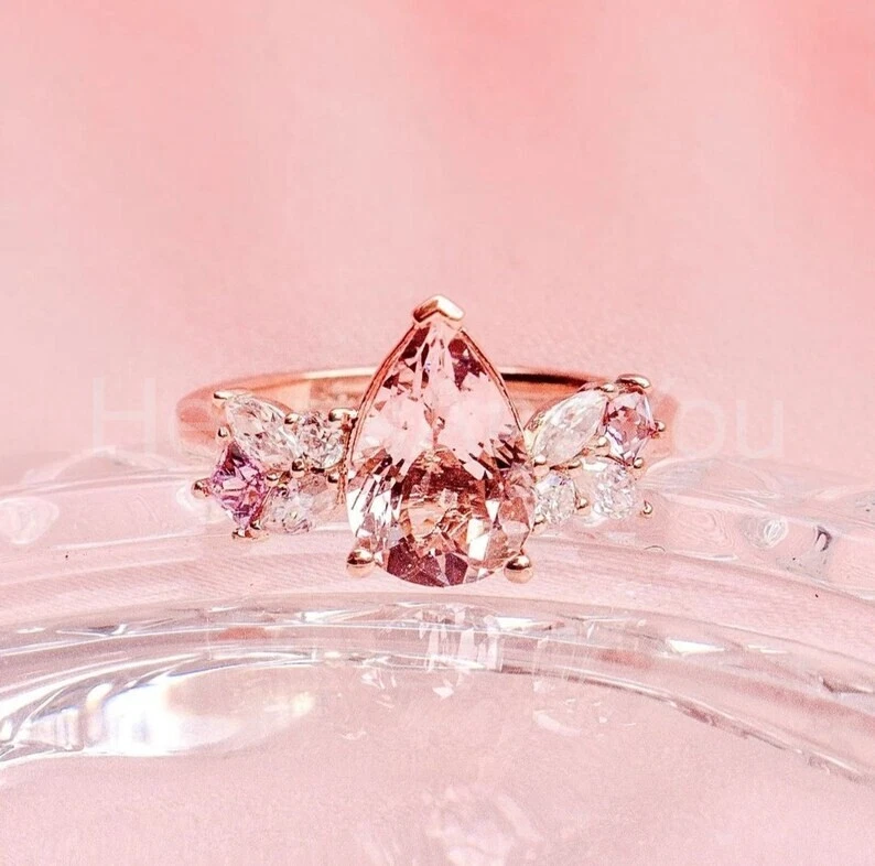 1.2ct Pear Cut Natural Morganite & Diamond 14k SOLID Rose Gold Engagement Ring - Image 2 of 3