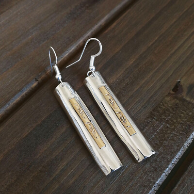 Native American 14K Gold Filled Stamped Scroll Sterling Silver Linear Earrings