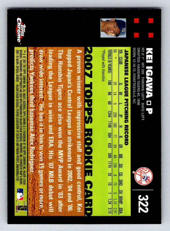 2007 Topps Chrome #322a Kei Igawa RC (ref 199014) - Image 2 of 2