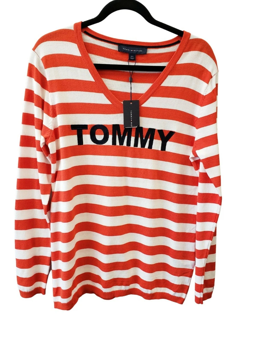 Tommy Hilfiger Sweater Top Women's Large Lightweight Striped V-Neck  Orange/White