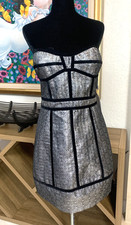 Laundry Shelli Segal Metallic Black Silver Short Dress US 12 L Strapless NWT