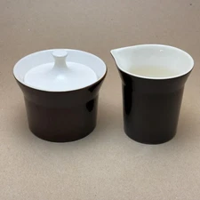 Mid Century Modern Sugar Creamer Set Brown Cream Tapered Flared Rim Glossy