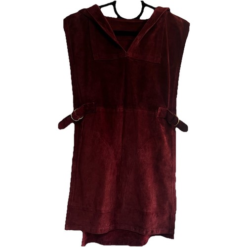 Vintage Women’s 1960s Suede Leather Side Buckles Pullover Hooded Renaissance Red