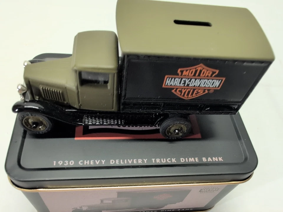Harley Davidson 1930 Die Cast Chevy Delivery Truck Dime Bank New W/Tin Box - Image 2 of 4