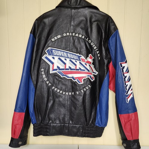 Giacca calcio vintage NFL 2002 SUPER BOWL XXXVI grande 100% PELLE G-III usata in ottime condizioni! - Foto 1 di 16