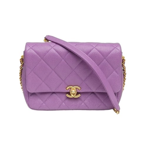 CHANEL Purple Chip Gold Hardware chain flap bag chip Calfskin Crossbody Bag