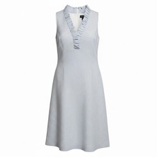 Vince Camuto Seersucker Stripe Shift Dress Blue White Ruffle Neck Size 14 NWT