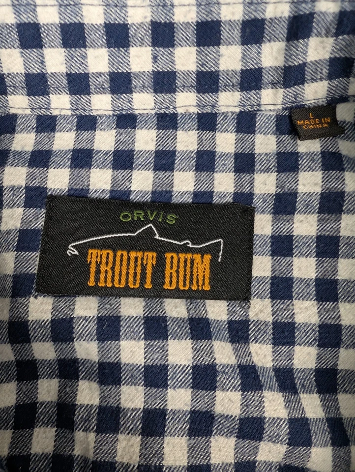 Orvis Trout Bum Men's L Button Down Shirt Long Sleeve Plaid Blue White Outdoor - Image 4 of 4