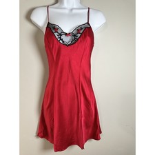 VTG Victoria's Secret 100 Silk Red Slip Nightie Heart Embroidery Coquette Sz XS
