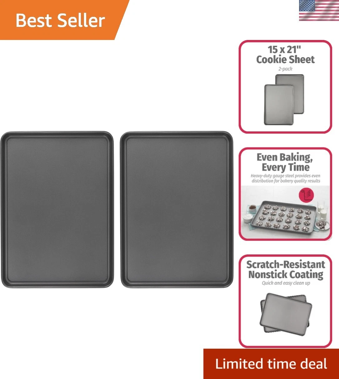Heavy-Duty Nonstick Carbon Steel Baking Sheet Set - 15" x 21" Cookie Sheets
