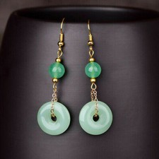 Vintage Hook Earrings Women 18K Yellow Gold Filled Green Jade Stone Jewelry Gift