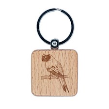Sun Conure Parrot on a Branch Engraved Wood Square Keychain Tag Charm
