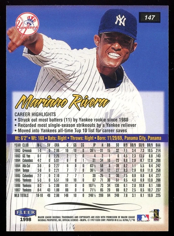 1998 FLEER ULTRA #147 BASE MARIANO RIVERA YANKEES NM+ FRONT & BACK PICS - Image 2 of 2