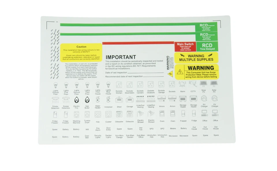 B2B CS Fuse Board Consumer Unit Label Sheet Stickers Fusebox Chint Wylex BG MK Hager