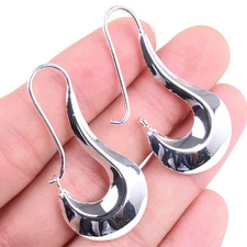 925 Sterling Silver 45mm Long thick Curved hook-shaped Hoop Earring Jewelry H389