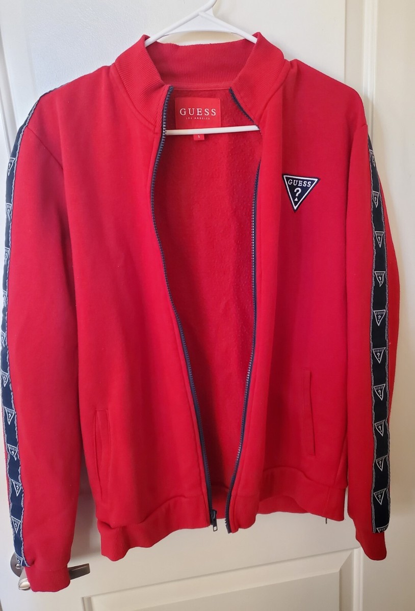 Guess Los Angeles Red Sweatshirt Track Jacket Strip Logo on Guess Los Angeles Red Sweatshirt Track Jacket Strip Logo on