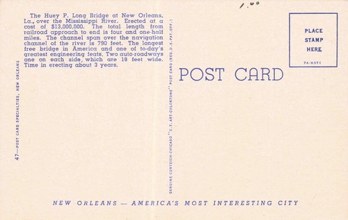 Lot of 2 Huey Long Bridge New Orleans, Louisiana Vintage PCs Unposted - Picture 3 of 5