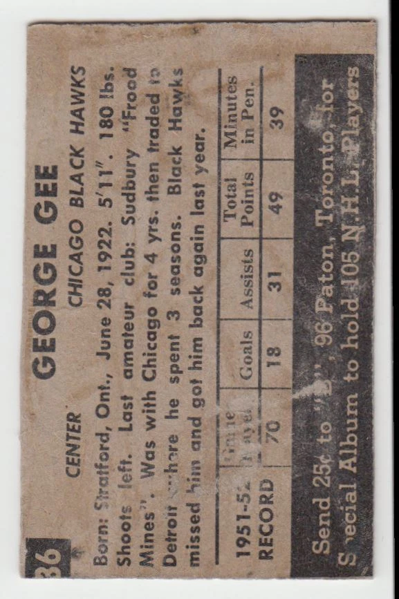1952-53 Parkhurst Trimmed George Gee Chicago Blackhawks #36 - Image 2 of 2