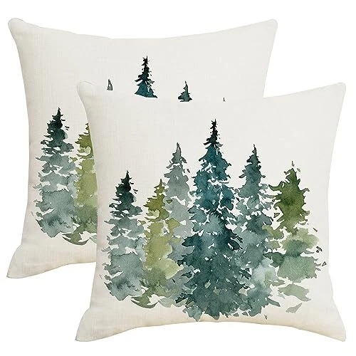 Christmas Dark Green Tree Throw Pillow Covers 18x18 Set of 2 Winter Forest  De