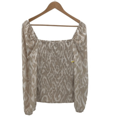 Halogen Womens Square Neck Variegated Smocked Puff Sleeve Blouse Tan Medium NWT