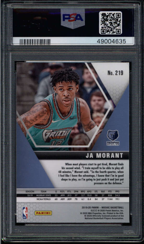 JA MORANT 2019/20 PANINI MOSAIC #219 PSA 9 MINT BASE ROOKIE JA MORANT 2019/20 PANINI MOSAIC #219 PSA 9 MINT BASE ROOKIE